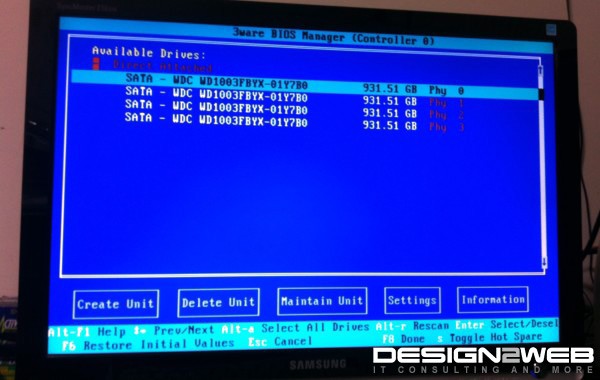 3ware 9750-4i RAID 5 BIOS Configuration Screen