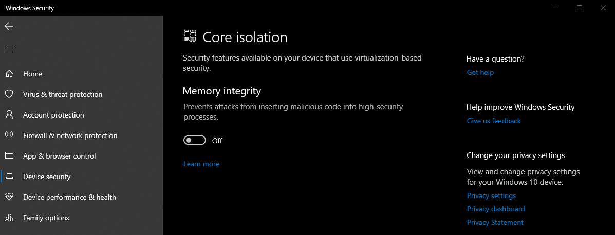 Screenshot of Memory integrity Windows 10 feature