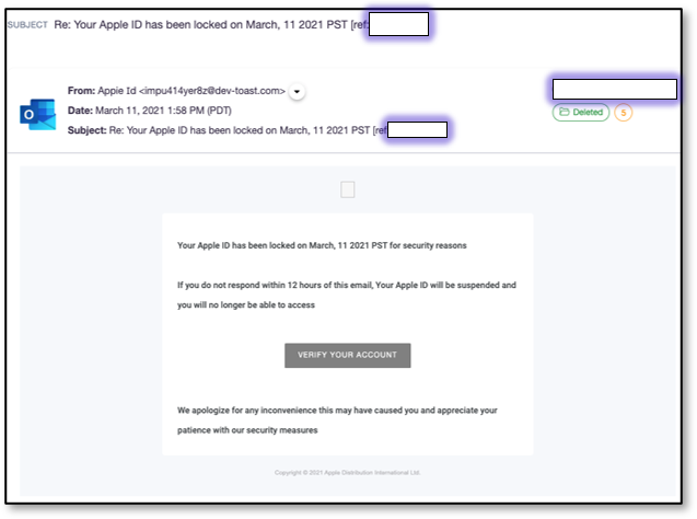 Email impersonating Apple informing victims that their Apple ID had been locked
