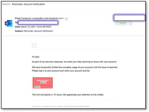 Facebook impersonation phishing email