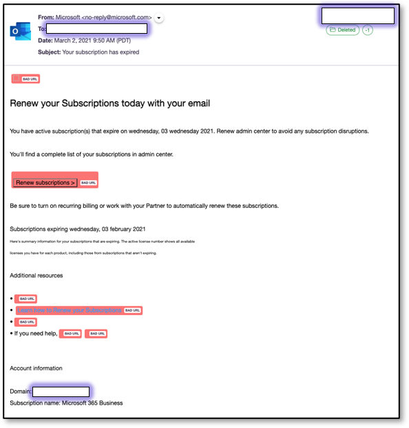 Email impersonating Microsoft informing victims that a few of their account subscriptions were close to expiry