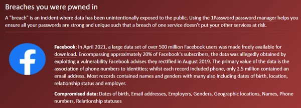 Screenshot of Facebook breach notification on Have I Been Pwned