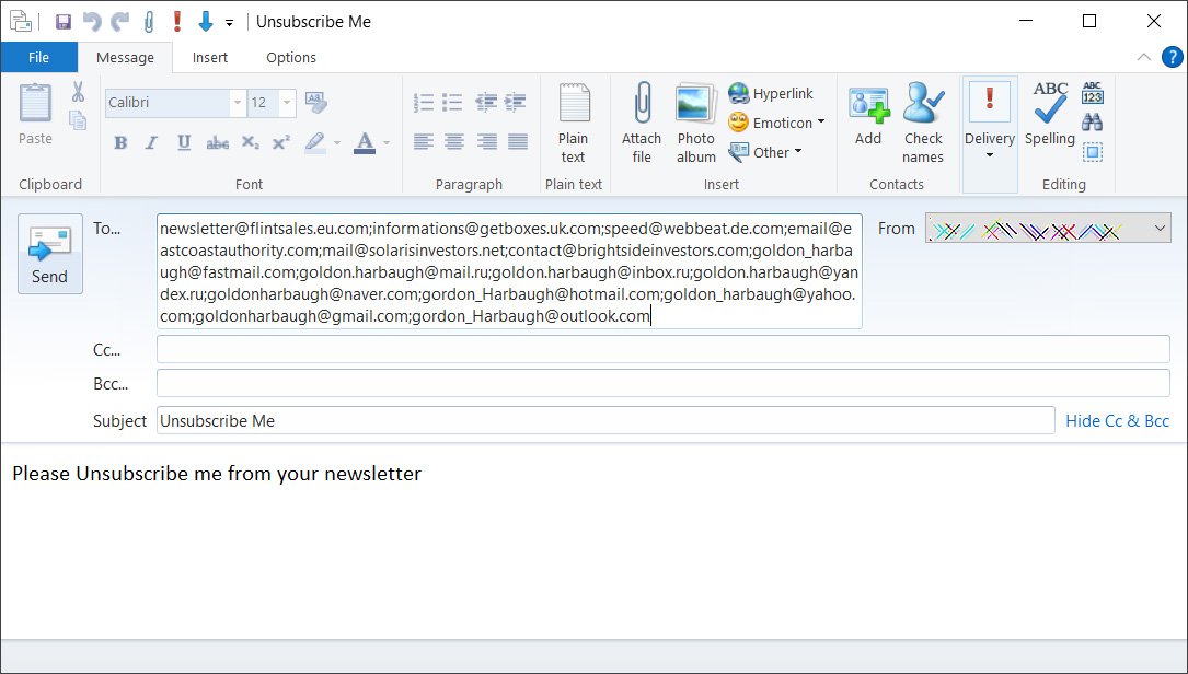 Screenshot of new email sending to many email addresses under the spammer's control.