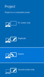 Windows Project options including PC screen only, Duplicate, Extend, and Second screen only