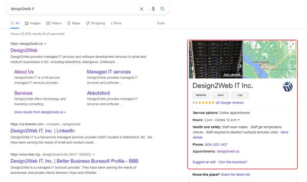 Design2Web IT Abbotsford managed IT service provider Google listing
