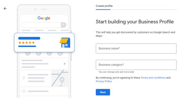 Google My Business business profile creation page