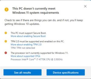 Microsoft PC Health Check tool showing why device doesn't meet Windows 11 system requirements