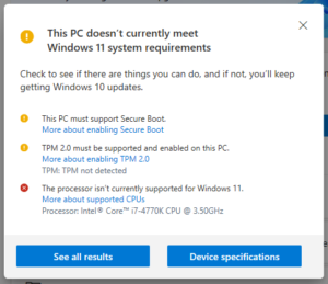 PC Health Check tool showing why PC doesn't meet Windows 11 system requirements