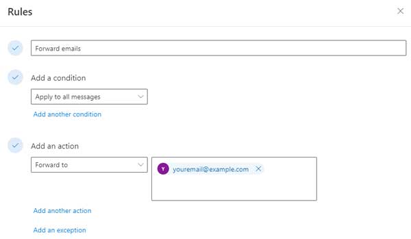 Creating a new automatic email forwarding rule in Office 365