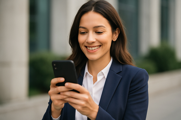 Smiling business woman using-phone.