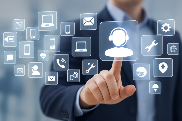 A man touching technical support icons.