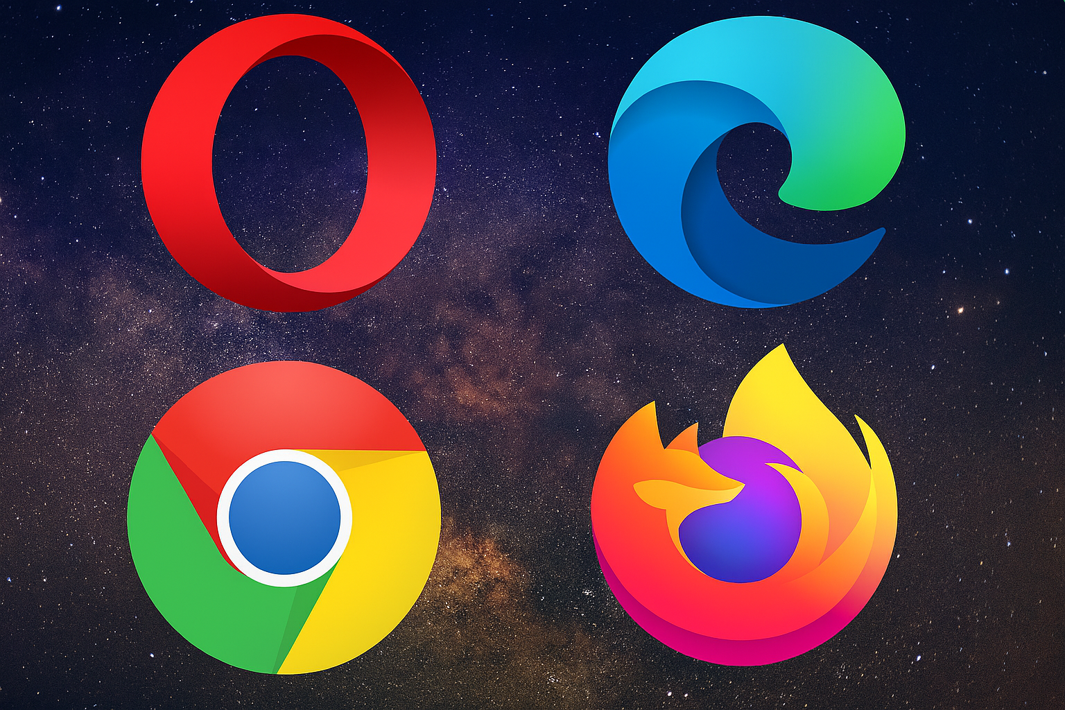 Opera, Edge, Chrome, and Firefox web browser logo. Find the best web browsers.